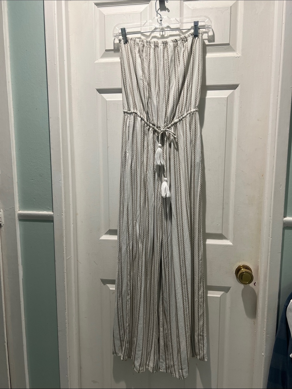 Elan White and Brown Striped Strapless Tassel Jumpsuit